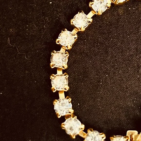 Vintage Gold Tone Blue And Clear Rhinestone Floral Tennis Bracelet (3800) - Picture 3 of 9